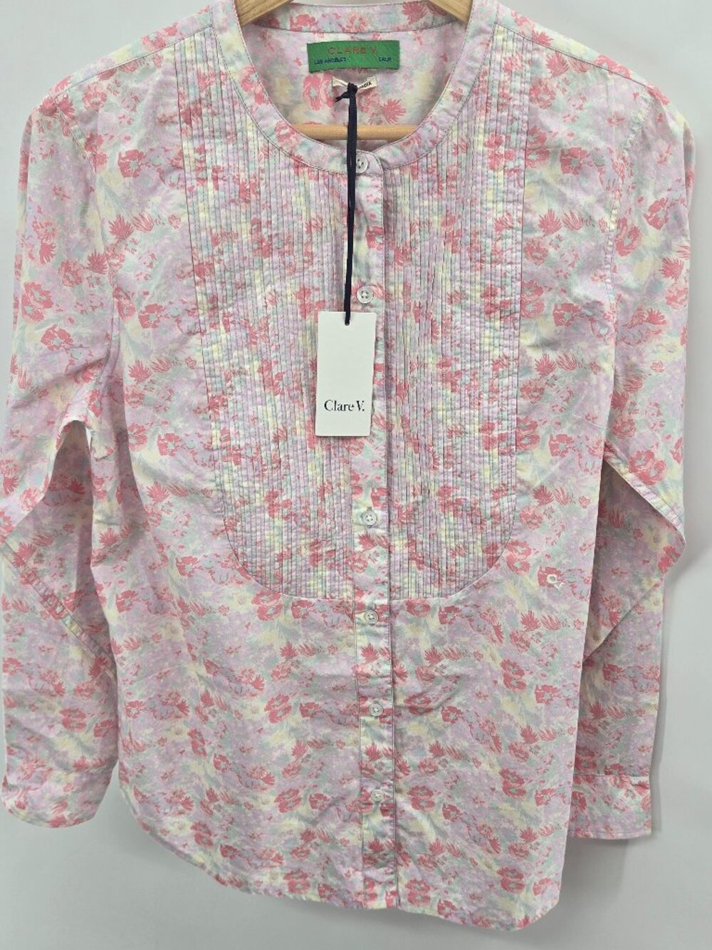 Clare V Floral Print Crew Neck 100% Cotton Pleated Button Down Blouse Small